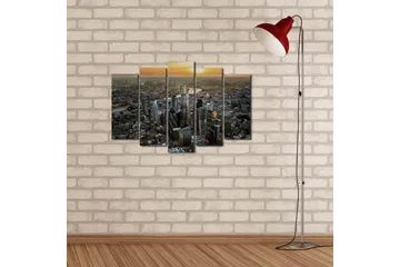 Stor Canvastavla i 5 delar 105x70 cm - Storslagen stadsbild med moderna skyskrapor i solnedgången - Mörkblå / Orange / Grå - Inredning - Tavlor & posters - Canvastavla