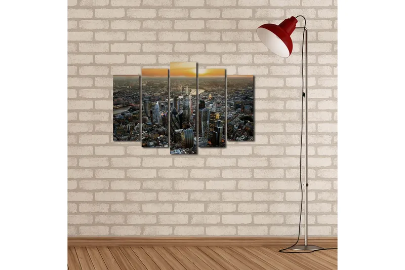 Stor Canvastavla i 5 delar 105x70 cm - Storslagen stadsbild med moderna skyskrapor i solnedgången - Mörkblå / Orange / Grå - Inredning - Tavlor & posters - Canvastavla