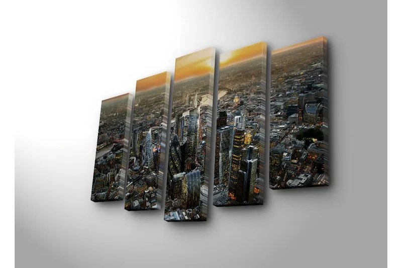 Stor Canvastavla i 5 delar 105x70 cm - Storslagen stadsbild med moderna skyskrapor i solnedgången - Mörkblå / Orange / Grå - Inredning - Tavlor & posters - Canvastavla