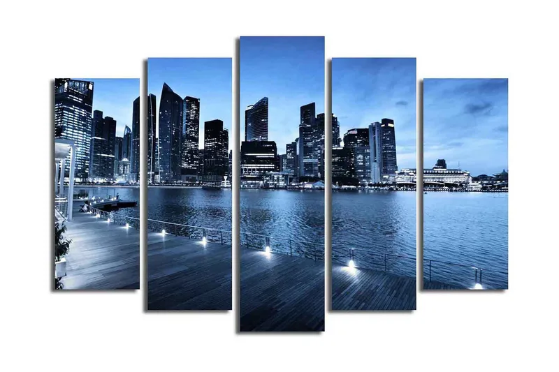 Stor Canvastavla i 5 delar 105x70 cm - Storslagen stadsbild vid vattnet med moderna skyskrapor - Blå / Mörkblå / Grå - Inredning - Tavlor & posters - Canvastavla