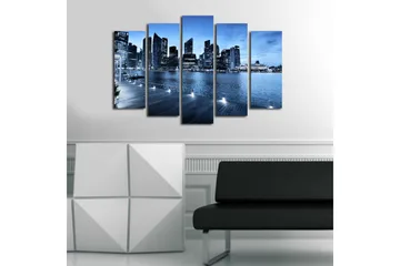 Stor Canvastavla i 5 delar 105x70 cm - Storslagen stadsbild vid vattnet med moderna skyskrapor - Blå / Mörkblå / Grå - Inredning - Tavlor & posters - Canvastavla