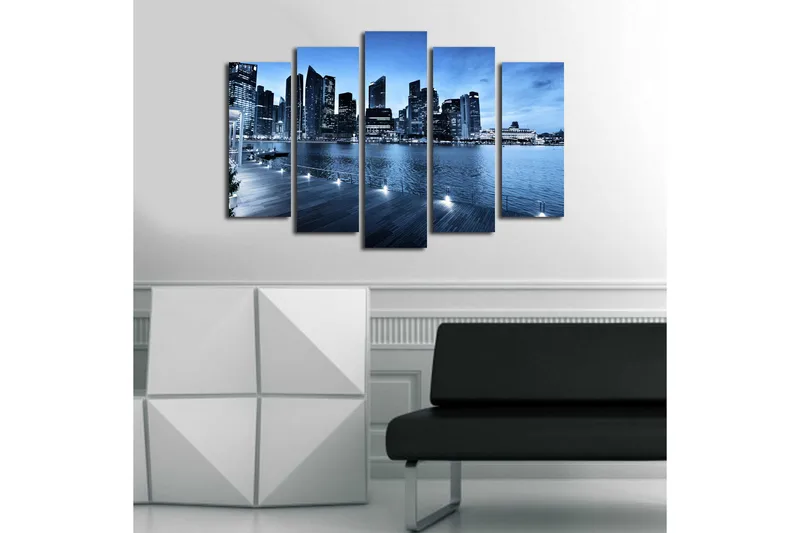 Stor Canvastavla i 5 delar 105x70 cm - Storslagen stadsbild vid vattnet med moderna skyskrapor - Blå / Mörkblå / Grå - Inredning - Tavlor & posters - Canvastavla