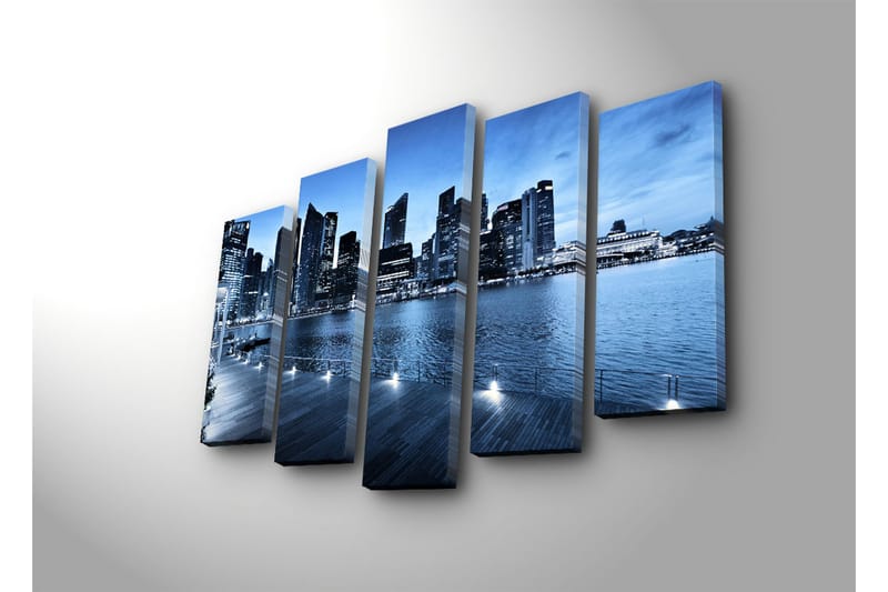 Stor Canvastavla i 5 delar 105x70 cm - Storslagen stadsbild vid vattnet med moderna skyskrapor - Blå / Mörkblå / Grå - Inredning - Tavlor & posters - Canvastavla