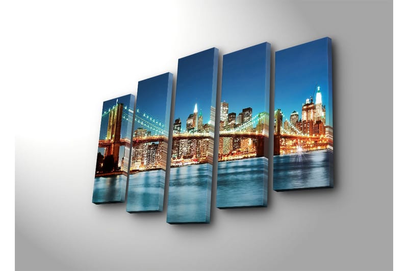 Stor Canvastavla i 5 delar 105x70 cm - Storslagen vy över Brooklyn Bridge med en ljus stadssilhuett i bakgrunden - Mörkblå / Guld / Grön - Inredning - Tavlor & posters - Canvastavla