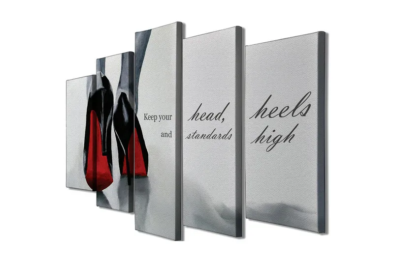 Stor Canvastavla i 5 delar 105x70 cm - Svarta högklackade skor med röda detaljer - Svart / Röd / Grå - Inredning - Tavlor & posters - Canvastavla