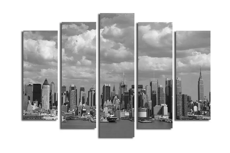 Stor Canvastavla i 5 delar 105x70 cm - Svartvit stadsbild av en skyline med höga byggnader - Svart / Vitt / Grått - Inredning - Tavlor & posters - Canvastavla
