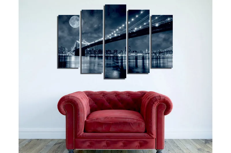 Stor Canvastavla i 5 delar 105x70 cm - Svartvit stadsbild med en bro och måne i natten - Svart / Grå / Vit - Inredning - Tavlor & posters - Canvastavla