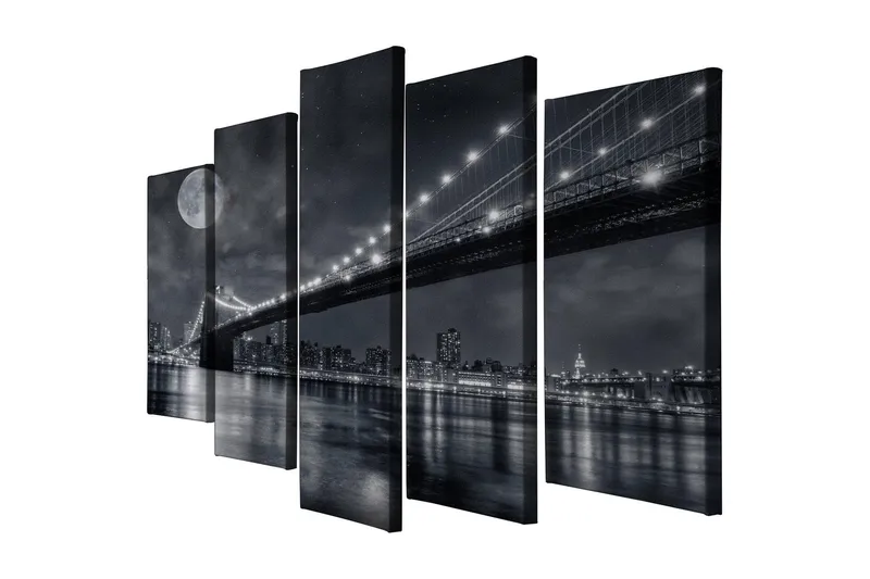 Stor Canvastavla i 5 delar 105x70 cm - Svartvit stadsbild med en bro och måne i natten - Svart / Grå / Vit - Inredning - Tavlor & posters - Canvastavla