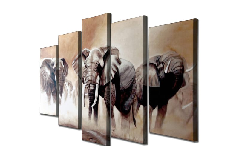 Stor Canvastavla i 5 delar 105x70 cm - Tre majestätiska elefanter i en dimmig savannmiljö, Grå / Beige / Brun