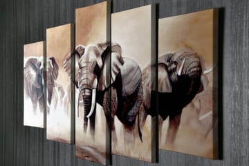 Stor Canvastavla i 5 delar 105x70 cm - Tre majestätiska elefanter i en dimmig savannmiljö - Grå / Beige / Brun - Inredning - Tavlor & posters - Canvastavla