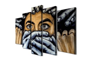 Stor Canvastavla i 5 delar 105x70 cm - Uttrycksfullt ansikte med händer som täcker munnen - Svart / Hudfärg / Grå - Inredning - Tavlor & posters - Canvastavla