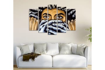 Stor Canvastavla i 5 delar 105x70 cm - Uttrycksfullt ansikte med händer som täcker munnen - Svart / Hudfärg / Grå - Inredning - Tavlor & posters - Canvastavla