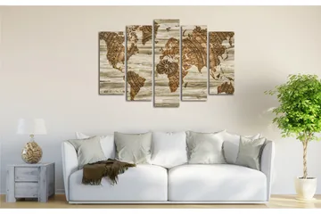 Stor Canvastavla i 5 delar 105x70 cm - Världskarta i vintage-stil med detaljerad mappning - Brun / Beige - Inredning - Tavlor & posters - Canvastavla