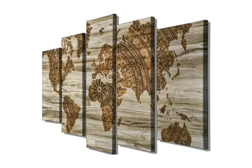 Stor Canvastavla i 5 delar 105x70 cm - Världskarta i vintage-stil med detaljerad mappning - Brun / Beige - Inredning - Tavlor & posters - Canvastavla