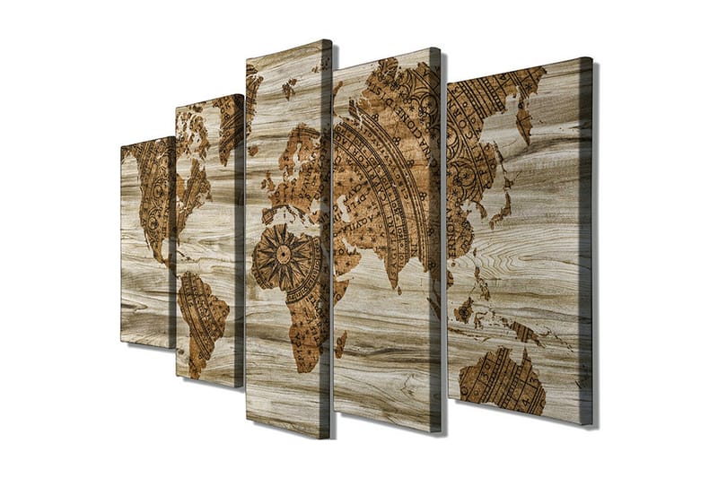 Stor Canvastavla i 5 delar 105x70 cm - Världskarta i vintage-stil med detaljerad mappning - Brun / Beige - Inredning - Tavlor & posters - Canvastavla
