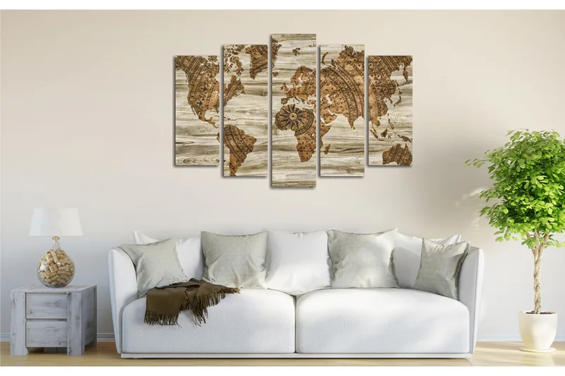 Stor Canvastavla i 5 delar 105x70 cm - Världskarta i vintage-stil med detaljerad mappning - Brun / Beige - Inredning - Tavlor & posters - Canvastavla