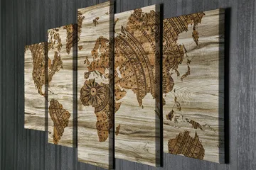 Stor Canvastavla i 5 delar 105x70 cm - Världskarta i vintage-stil med detaljerad mappning - Brun / Beige - Inredning - Tavlor & posters - Canvastavla