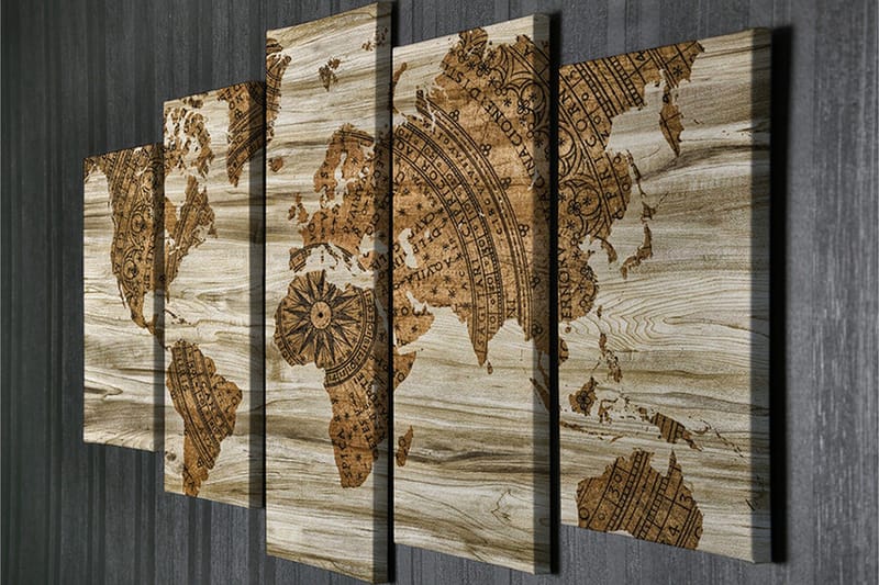 Stor Canvastavla i 5 delar 105x70 cm - Världskarta i vintage-stil med detaljerad mappning - Brun / Beige - Inredning - Tavlor & posters - Canvastavla