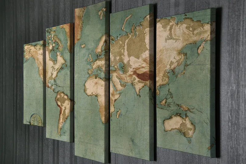 Stor Canvastavla i 5 delar 105x70 cm - Världskarta med vintage-inspirerad design - Grön / Beige / Brun - Inredning - Tavlor & posters - Canvastavla