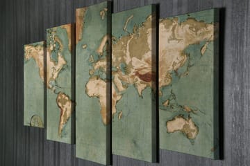 Stor Canvastavla i 5 delar 105x70 cm - Världskarta med vintage-inspirerad design - Grön / Beige / Brun - Inredning - Tavlor & posters - Canvastavla