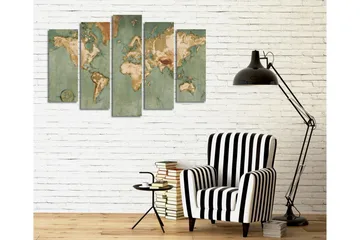Stor Canvastavla i 5 delar 105x70 cm - Världskarta med vintage-inspirerad design - Grön / Beige / Brun - Inredning - Tavlor & posters - Canvastavla