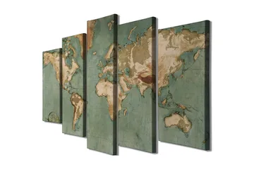 Stor Canvastavla i 5 delar 105x70 cm - Världskarta med vintage-inspirerad design - Grön / Beige / Brun - Inredning - Tavlor & posters - Canvastavla