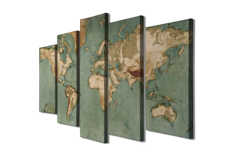 Stor Canvastavla i 5 delar 105x70 cm - Världskarta med vintage-inspirerad design - Grön / Beige / Brun - Inredning - Tavlor & posters - Canvastavla