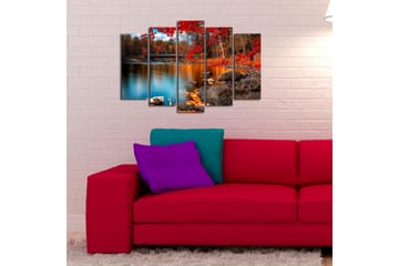 Stor Canvastavla i 5 delar 105x70 cm - Vacker höstlandskap med färgglada träd och spegelblanka vattenytor - Röd / Orange / Blå - Inredning - Tavlor & posters - Canvastavla