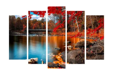 Stor Canvastavla i 5 delar 105x70 cm - Vacker höstlandskap med färgglada träd och spegelblanka vattenytor - Röd / Orange / Blå - Inredning - Tavlor & posters - Canvastavla