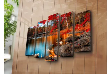 Stor Canvastavla i 5 delar 105x70 cm - Vacker höstlandskap med färgglada träd och spegelblanka vattenytor - Röd / Orange / Blå - Inredning - Tavlor & posters - Canvastavla