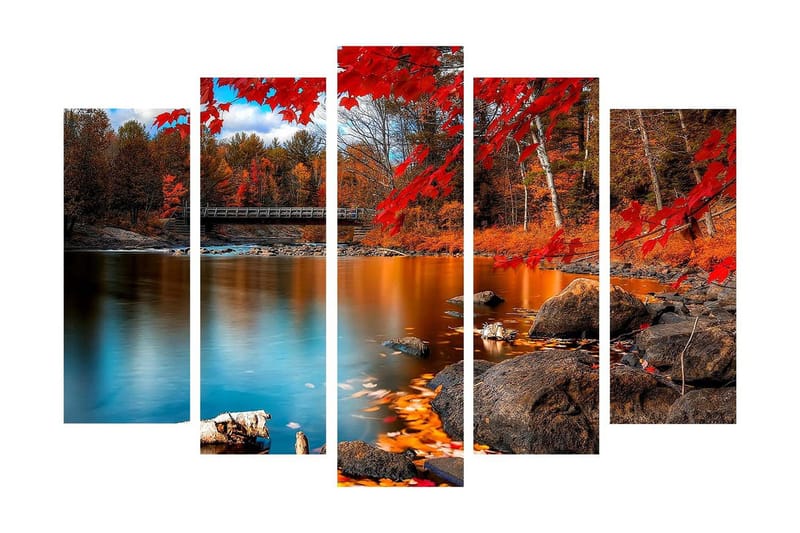 Stor Canvastavla i 5 delar 105x70 cm - Vacker höstlandskap med färgglada träd och spegelblanka vattenytor - Röd / Orange / Blå - Inredning - Tavlor & posters - Canvastavla
