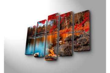 Stor Canvastavla i 5 delar 105x70 cm - Vacker höstlandskap med färgglada träd och spegelblanka vattenytor - Röd / Orange / Blå - Inredning - Tavlor & posters - Canvastavla