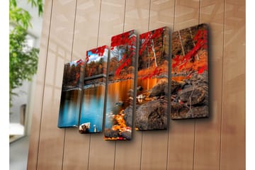 Stor Canvastavla i 5 delar 105x70 cm - Vacker höstlandskap med färgglada träd och spegelblanka vattenytor - Röd / Orange / Blå - Inredning - Tavlor & posters - Canvastavla