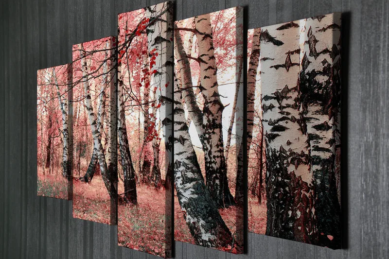 Stor Canvastavla i 5 delar 105x70 cm - Vacker skog med björkar i höstfärger - Rosa / Svart / Vit - Inredning - Tavlor & posters - Canvastavla