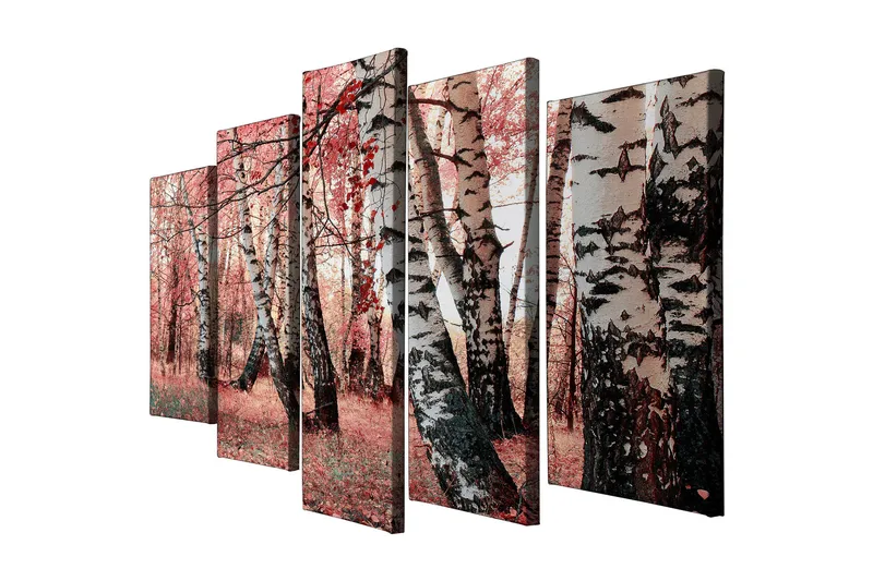 Stor Canvastavla i 5 delar 105x70 cm - Vacker skog med björkar i höstfärger - Rosa / Svart / Vit - Inredning - Tavlor & posters - Canvastavla