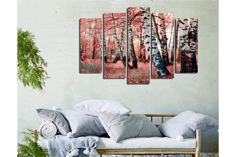 Stor Canvastavla i 5 delar 105x70 cm - Vacker skog med björkar i höstfärger - Rosa / Svart / Vit - Inredning - Tavlor & posters - Canvastavla