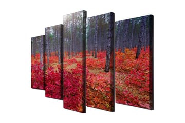 Stor Canvastavla i 5 delar 105x70 cm - Vacker skog med höstfärger och röda löv - Röd / Grön / Brun - Inredning - Tavlor & posters - Canvastavla