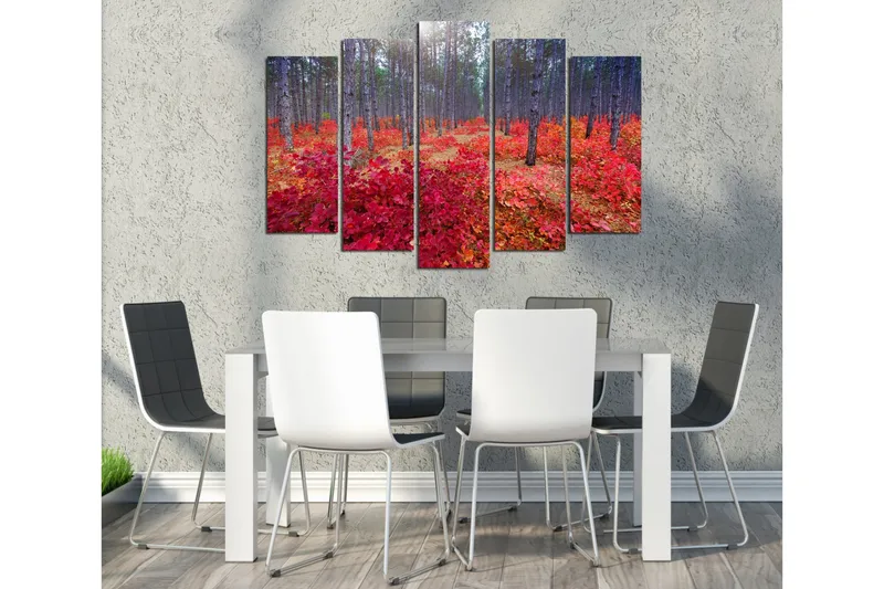 Stor Canvastavla i 5 delar 105x70 cm - Vacker skog med höstfärger och röda löv - Röd / Grön / Brun - Inredning - Tavlor & posters - Canvastavla