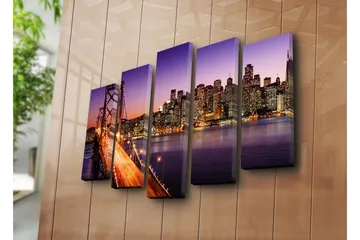 Stor Canvastavla i 5 delar 105x70 cm - Vacker vy över en stad med en bro i skymning - Lila / Orange / Blå - Inredning - Tavlor & posters - Canvastavla