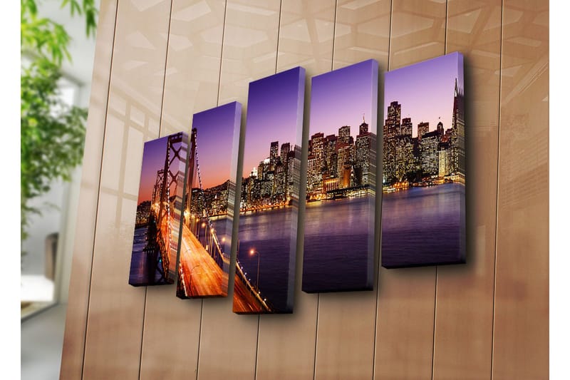 Stor Canvastavla i 5 delar 105x70 cm - Vacker vy över en stad med en bro i skymning - Lila / Orange / Blå - Inredning - Tavlor & posters - Canvastavla