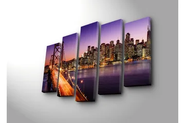 Stor Canvastavla i 5 delar 105x70 cm - Vacker vy över en stad med en bro i skymning - Lila / Orange / Blå - Inredning - Tavlor & posters - Canvastavla