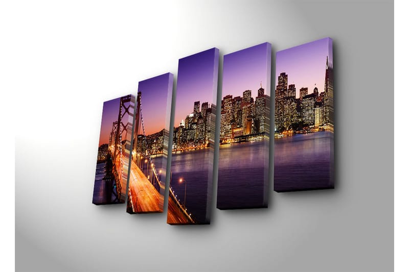 Stor Canvastavla i 5 delar 105x70 cm - Vacker vy över en stad med en bro i skymning - Lila / Orange / Blå - Inredning - Tavlor & posters - Canvastavla