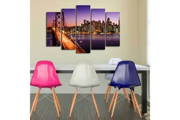 Stor Canvastavla i 5 delar 105x70 cm - Vacker vy över en stad med en bro i skymning - Lila / Orange / Blå - Inredning - Tavlor & posters - Canvastavla