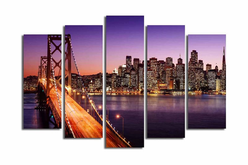 Stor Canvastavla i 5 delar 105x70 cm - Vacker vy över en stad med en bro i skymning - Lila / Orange / Blå - Inredning - Tavlor & posters - Canvastavla