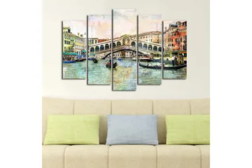 Stor Canvastavla i 5 delar 105x70 cm - Vacker vy av Rialtobron i Venedig med gondoler i kanalen - Blå / Grön / Beige - Inredning - Tavlor & posters - Canvastavla