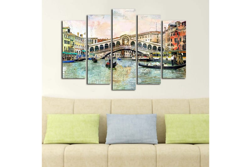 Stor Canvastavla i 5 delar 105x70 cm - Vacker vy av Rialtobron i Venedig med gondoler i kanalen - Blå / Grön / Beige - Inredning - Tavlor & posters - Canvastavla