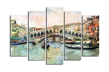 Stor Canvastavla i 5 delar 105x70 cm - Vacker vy av Rialtobron i Venedig med gondoler i kanalen - Blå / Grön / Beige - Inredning - Tavlor & posters - Canvastavla