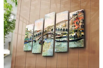 Stor Canvastavla i 5 delar 105x70 cm - Vacker vy av Rialtobron i Venedig med gondoler i kanalen - Blå / Grön / Beige - Inredning - Tavlor & posters - Canvastavla