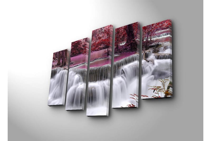 Stor Canvastavla i 5 delar 105x70 cm - Vattenfall omgiven av lila och röda träd - Lila / Röd / Vit - Inredning - Tavlor & posters - Canvastavla
