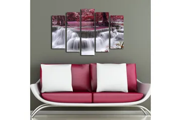 Stor Canvastavla i 5 delar 105x70 cm - Vattenfall omgiven av lila och röda träd - Lila / Röd / Vit - Inredning - Tavlor & posters - Canvastavla